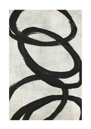 Abstract art print featuring bold, overlapping black circles on a light textured background for wall decor.