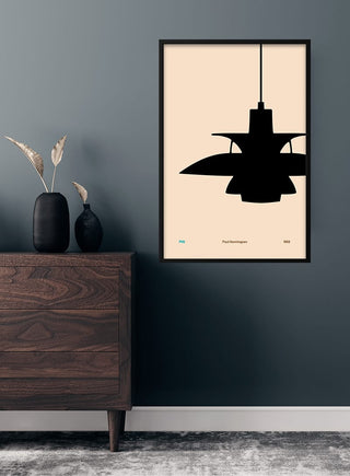 Minimalist PH5 lamp poster by Poul Henningsen hanging in a modern living room above a wooden dresser.