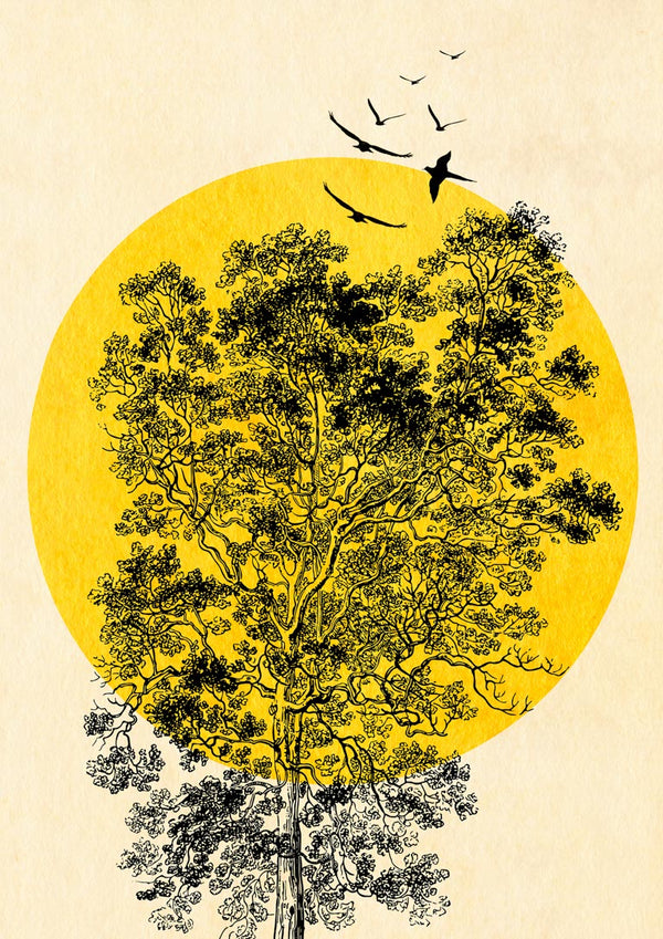 Yellow sun with black birds poster