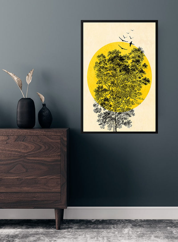 Yellow sun with black birds poster