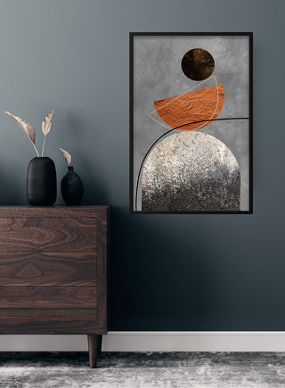 Minimalistic brown and silver #2 poster featuring abstract geometric shapes on a modern wall above a wooden dresser.