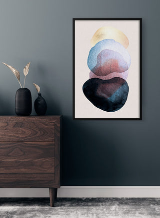 Watercolor Shapes poster featuring abstract, overlapping shapes in muted tones, displayed above a modern wooden dresser.