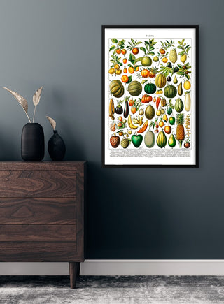 Framed Vintage Fruit and Vegetable Plakat hanging on a dark wall above a wooden dresser in a modern room.