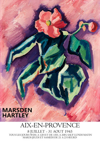 Poster of Pink Begonias by Marsden Hartley, featuring a stylized pink flower with green leaves on a purple background.