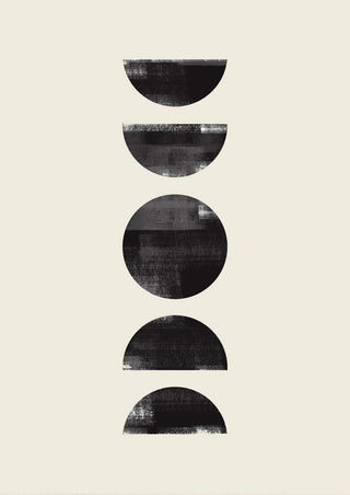 Minimalist Black Circles Plakat featuring five textured black geometric shapes on a light background.