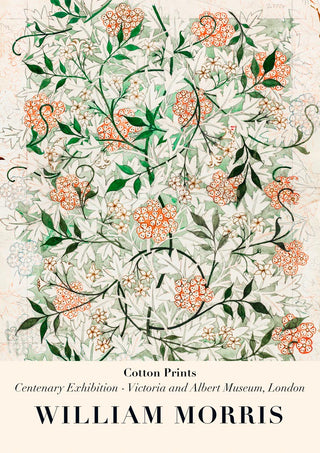 William Morris Jasmin Plakat featuring intricate floral patterns in green, orange, and white on a vintage background.