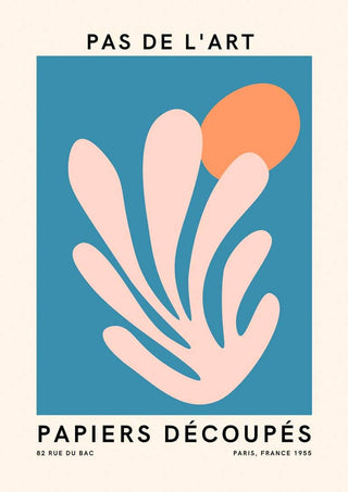 Abstract pink shapes and an orange circle on a blue background, French art inspired plakat design.