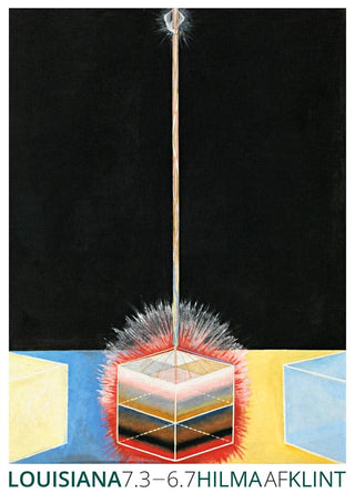 Hilma af Klint Exhibition poster featuring abstract geometric shapes and radiant lines on a dark background.