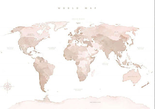 Beige world map poster with country names in soft pastel tones, minimalist design for wall decor.