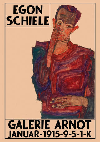 Poster of Egon Schiele’s artwork for Galerie Arnot, featuring a stylized portrait and exhibition details.