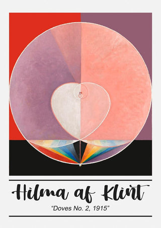 Abstract artwork "Doves No. 2" by Hilma af Klint featuring geometric shapes, soft pastels, and contrasting colors.