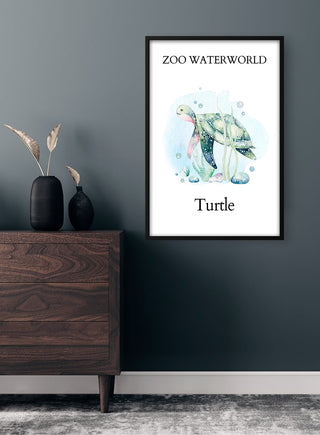 Framed Zoo Waterworld Turtle poster with watercolor turtle illustration hanging above a wooden dresser.