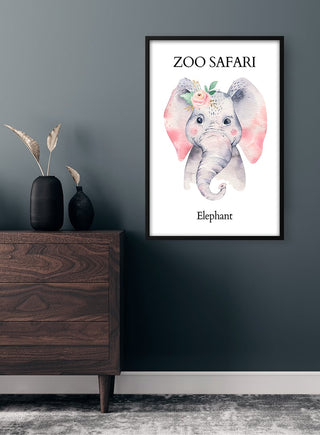 Framed Zoo Safari Elephant Plakat with watercolor baby elephant and floral crown, displayed above a wooden dresser.