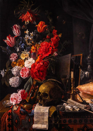 Vintage poster featuring a skull, vibrant flowers, books, and antique objects on a richly patterned table.