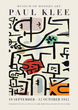 Abstract artwork poster for the Paul Klee exhibition at Museum of Modern Art, dated September 19–October 12, 1942.