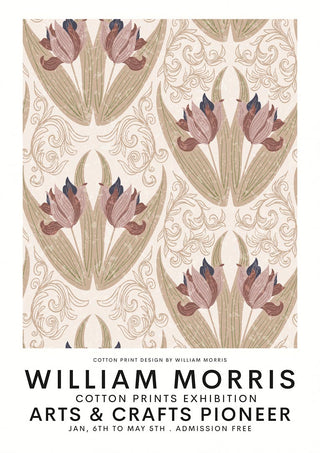 Red and beige tulip motif poster by William Morris, featuring text about an arts and crafts exhibition.