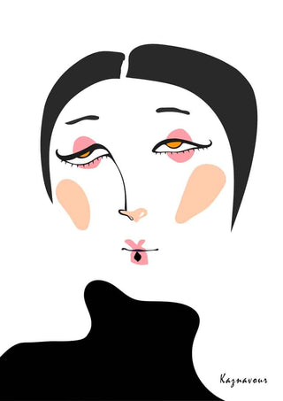 Surrealistic illustration of a female face with abstract features, black hair, and blush on cheeks by Kaznavour.