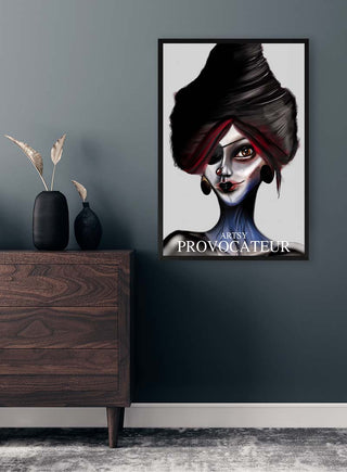 Framed "Dark Provocateur - Vincent V." art print featuring a dark, stylized portrait on a modern wall.