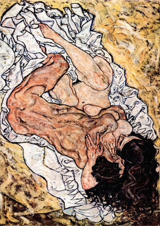 Two nude figures embrace on a bed of white sheets in Egon Schiele's expressionist painting "The Embrace."
