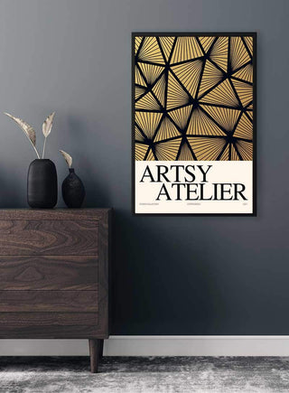 Yellow Mesh Artsy Atelier Plakat with geometric gold and black pattern, framed on a modern dark wall.