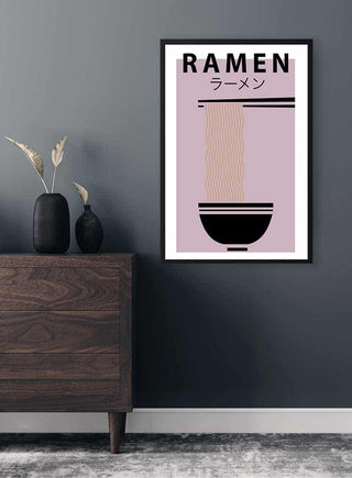 Minimalist Ramen Noodles Plakat with stylized bowl and noodles, framed and hung on a dark wall above a wooden dresser.