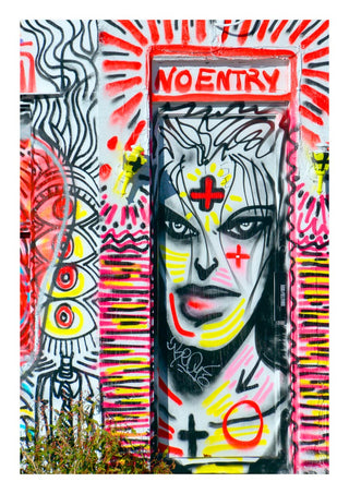 Colorful street art poster featuring a bold "NO ENTRY" sign with abstract faces and vivid graffiti patterns.