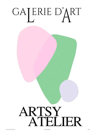 Abstract art poster with overlapping pink, green, and purple shapes; text reads "GALERIE D'ART ARTSY ATELIER".