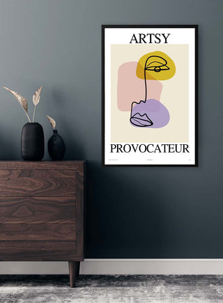 Artsy Provocateur no. 01 Plakat poster with abstract line art and pastel shapes, framed on a modern wall.