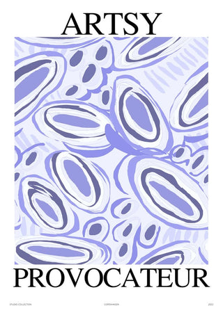 Abstract blue and purple shapes on white background, "ARTSY PROVOCATEUR" text above and below the artwork.