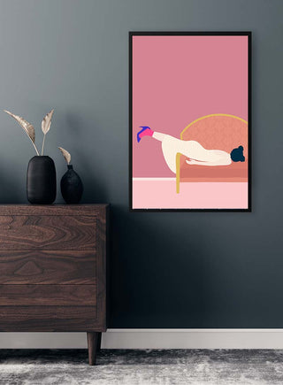 Framed Maddies Mood - Jotadejai artwork on a dark wall above a wooden dresser with decorative vases.
