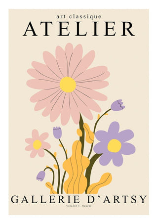 Poster with pastel flowers and "Atelier Gallerie D'Artsy" displayed for the Flower Exhibition - Vincent V Plakat.