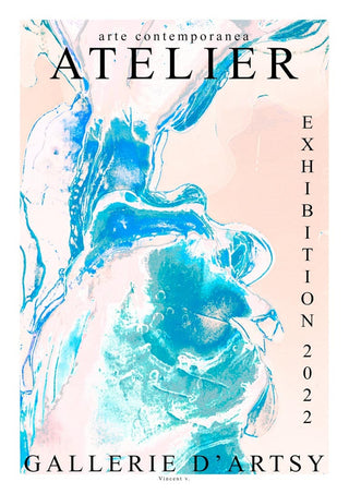 Abstract blue and pink art with text: "Atelier Exhibition 2022, Gallerie d'Artsy, Vincent V."