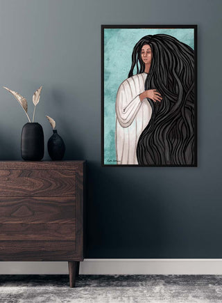 "My Hair is Strength" poster by Kate Aitana, featuring a woman with long black hair in a modern room setting.
