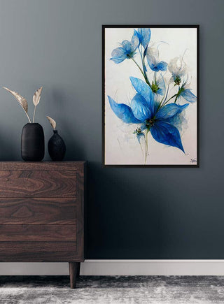 Blå Blomst 1 poster by Winnie Møller featuring blue and white flowers on a wall above a wooden dresser.