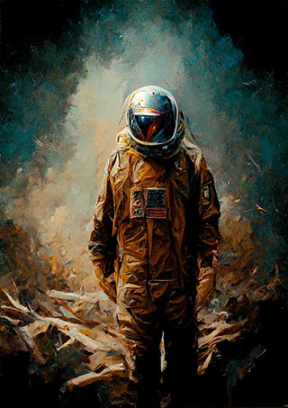 Astronaut in a golden suit stands alone on a desolate, smoky landscape; cover art for Last Man on Earth.