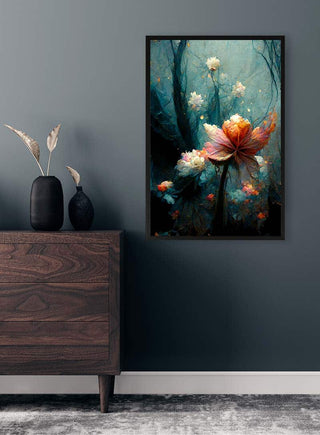 Framed print of Skovens Blomster 1 by Winnie Møller on a wall above a wooden dresser in a modern room.
