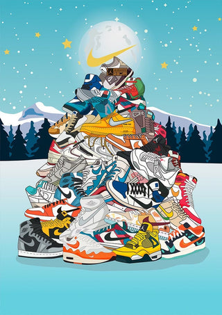 Illustration of a Christmas tree made from stacked Airforce sneakers under a starry sky with the Nike logo.