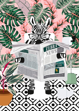 Illustration of a zebra reading Zebra News in a tropical, leafy setting with a plant and toilet paper nearby.