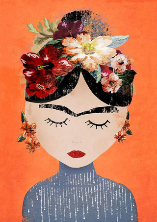 Abstract portrait of a woman with floral headpiece and earrings on an orange background, featured for Orange Mexican - Treechild.