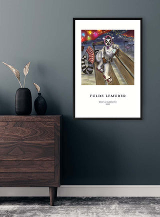 Framed Fulde Lemurer No. 02 - Helena Madeleine art print hanging above a dark wood dresser in a modern room.