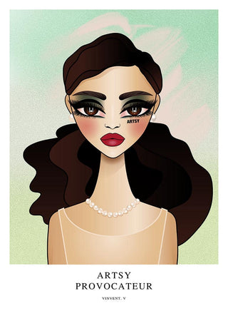 Stylized portrait of a woman with bold makeup, dark hair, and pearl necklace on a green background.