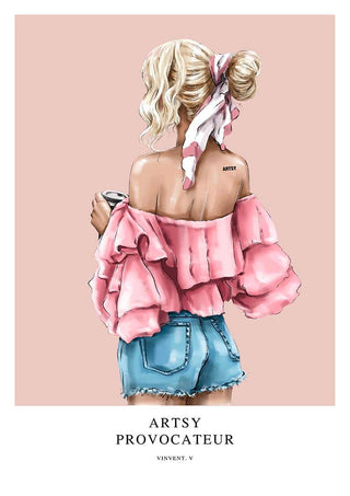 Illustration of a woman in a pink ruffled top and denim shorts, holding coffee. Artsy Provocateur by Vincent V.