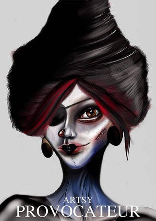 Digital portrait of a dark, avant-garde woman with dramatic hair and makeup for Dark Provocateur - Vincent V.