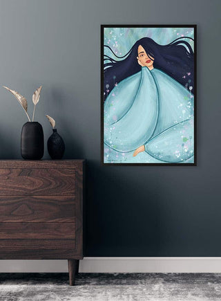 Framed "Dreaming of Shangri-la" artwork by Kate Aitana displayed on a dark wall above a wooden dresser.