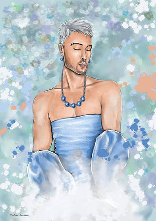 Illustration of a person with short silver hair in blue attire and necklace, eyes closed, on Hold me Closer product page.