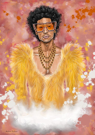 Digital artwork of a person in yellow fur, layered necklaces, and orange glasses on a pink background, by Martina Karlsson.