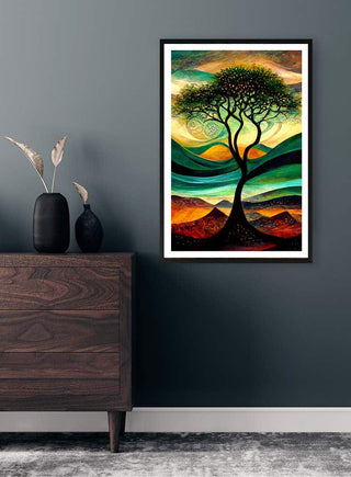 Mountain View by Thomas Nordentoft framed on a dark wall above a wooden dresser with minimalist decor.