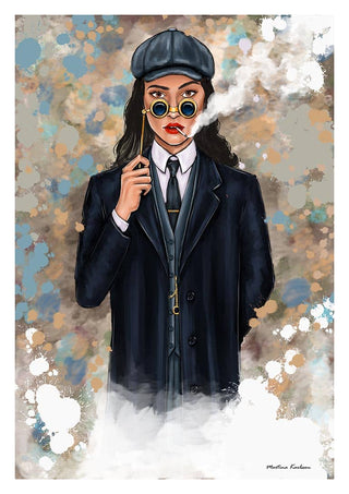 Illustration of Sherlock Haires in vintage attire, holding a monocle and smoking, by Martina Karlsson.