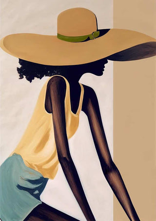 Artwork "Loophole" by David Wolf featuring a woman in a sunhat, yellow top, and blue shorts against a neutral background.