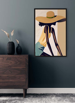 Framed Loophole by David Wolf artwork featuring a woman in a hat, displayed on a modern living room wall.